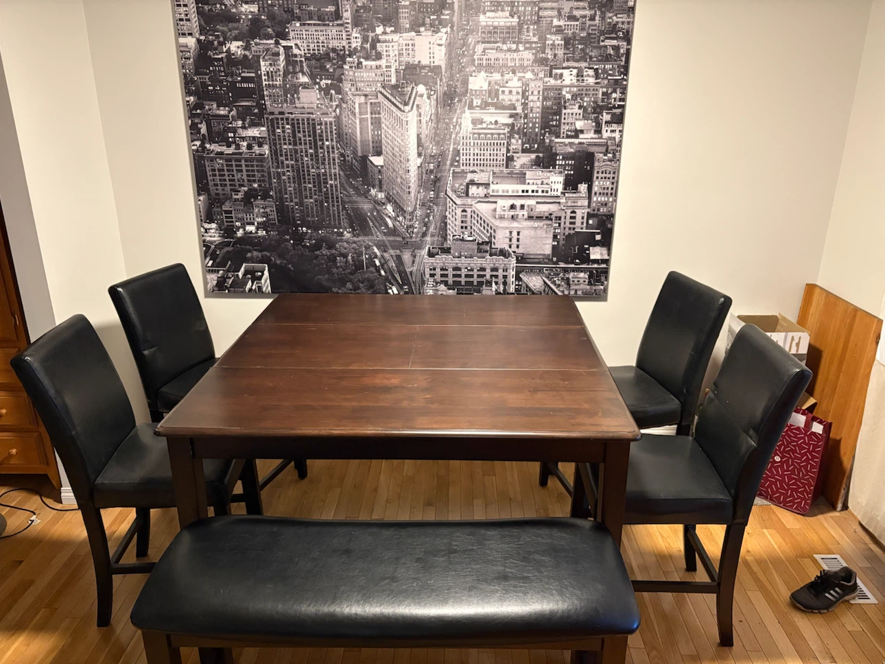 Wooden Dining Table Set with Black Faux Leather Chairs and Bench