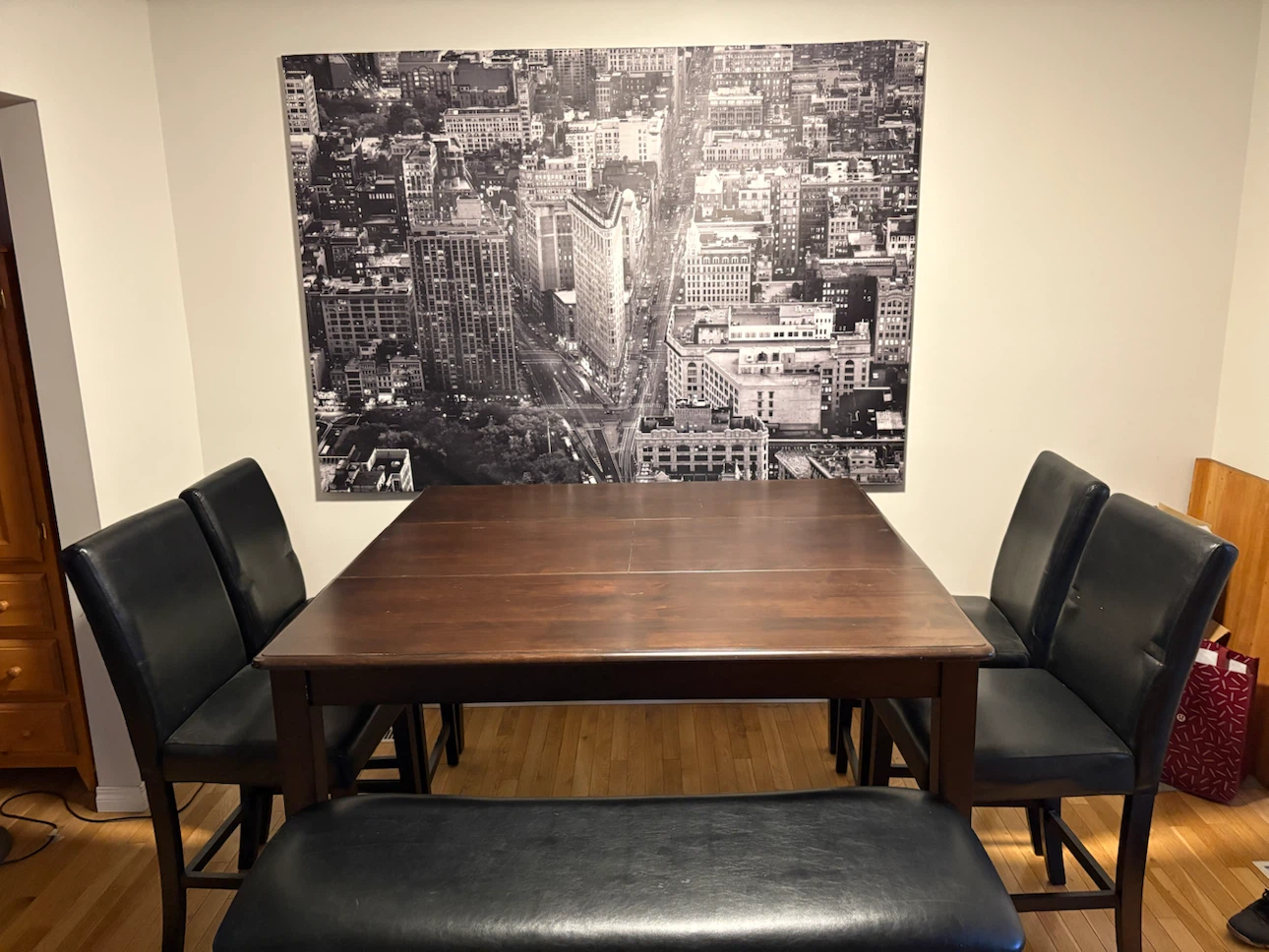Wooden Dining Table Set with Black Faux Leather Chairs and Bench - photo 2