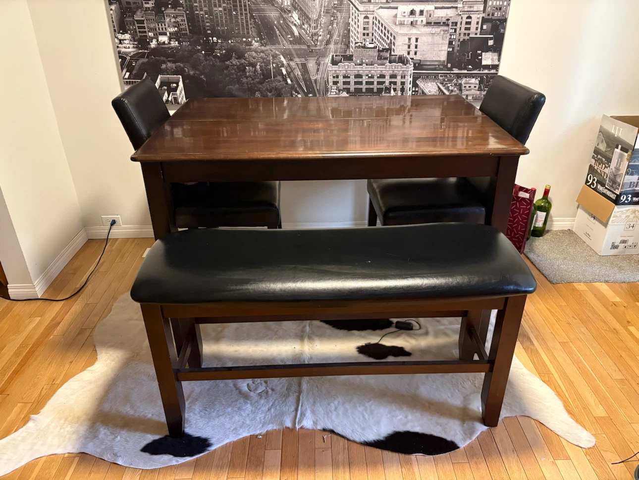 Wooden Dining Table Set with Black Faux Leather Chairs and Bench - photo 3