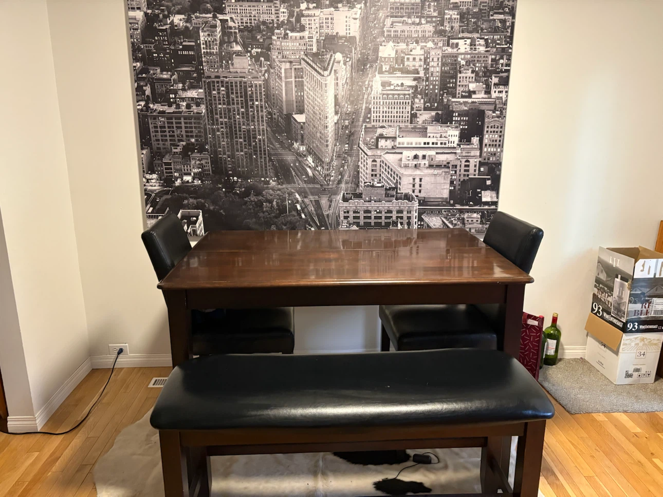 Wooden Dining Table Set with Black Faux Leather Chairs and Bench - photo 4