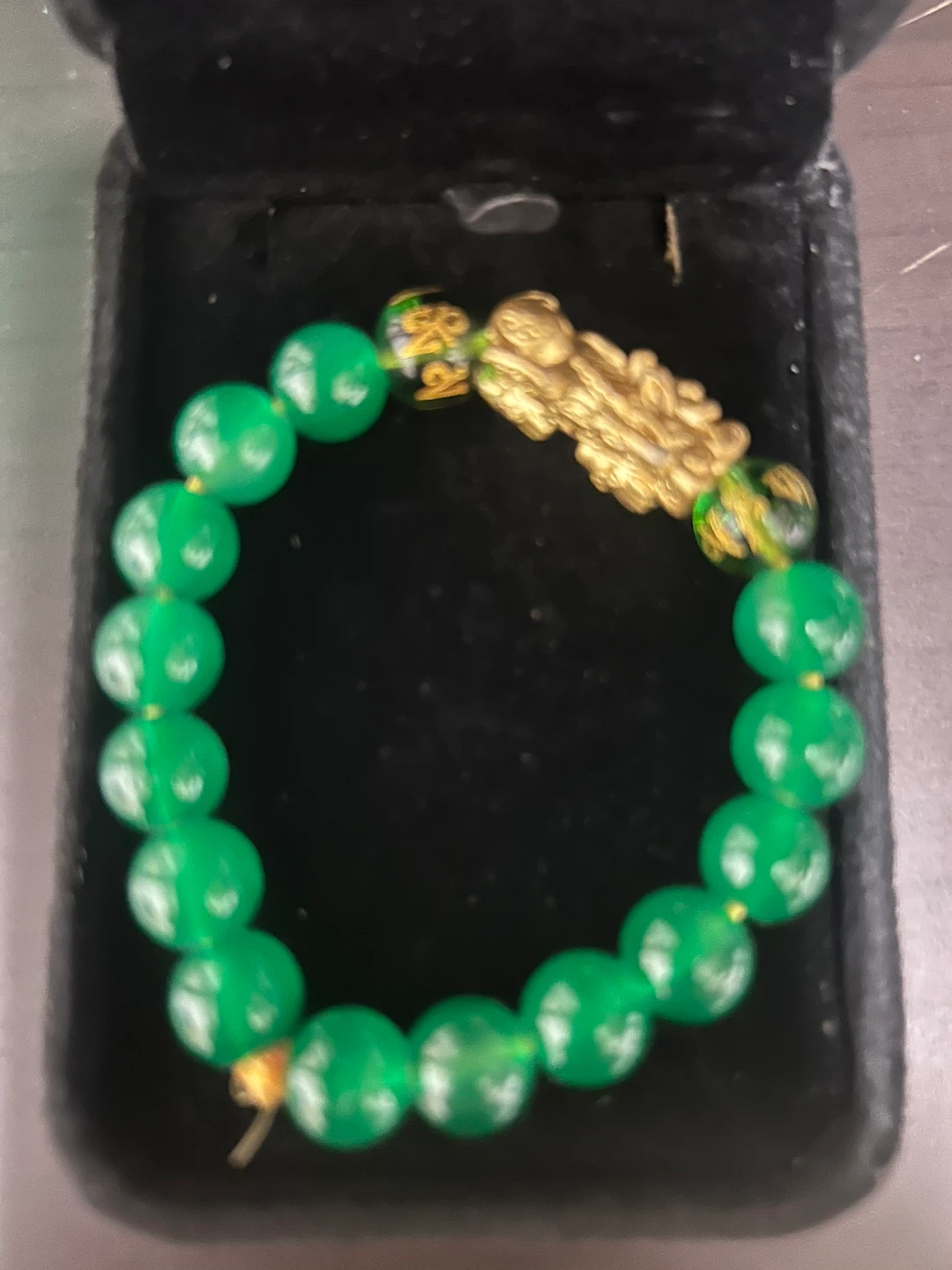 Green Beaded Bracelet with Gold Pixiu Charm