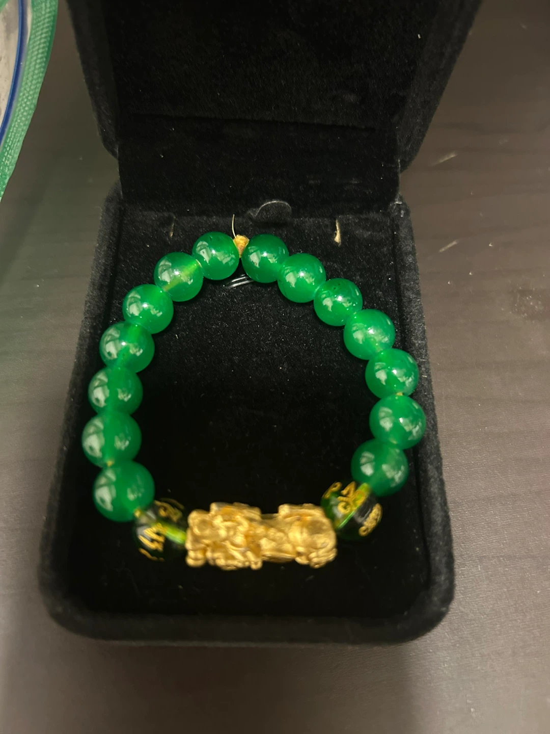 Green Beaded Bracelet with Gold Pixiu Charm - photo 2