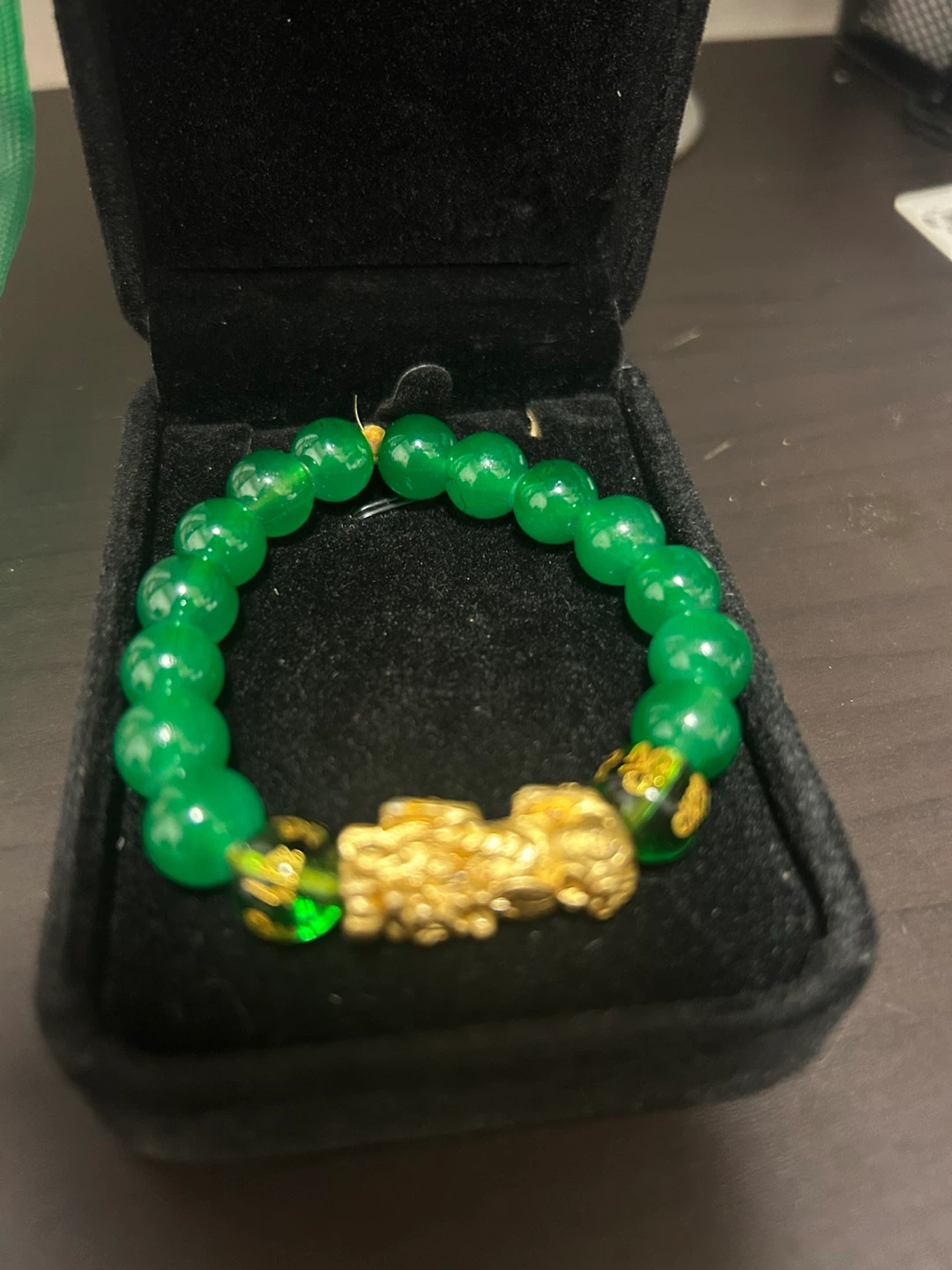 Green Beaded Bracelet with Gold Pixiu Charm - photo 3