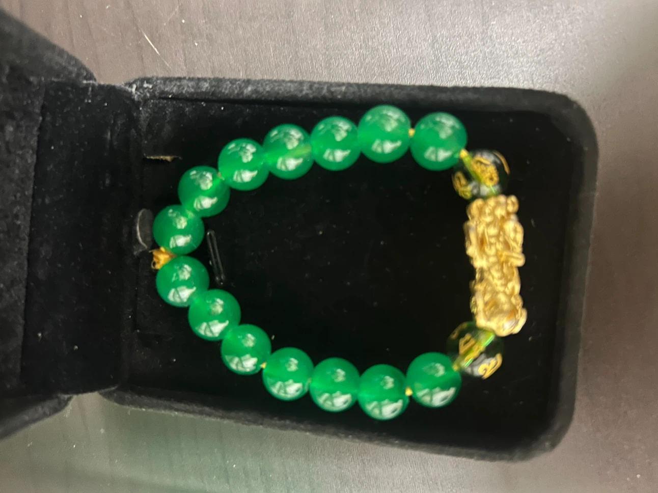 Green Beaded Bracelet with Gold Pixiu Charm - photo 4