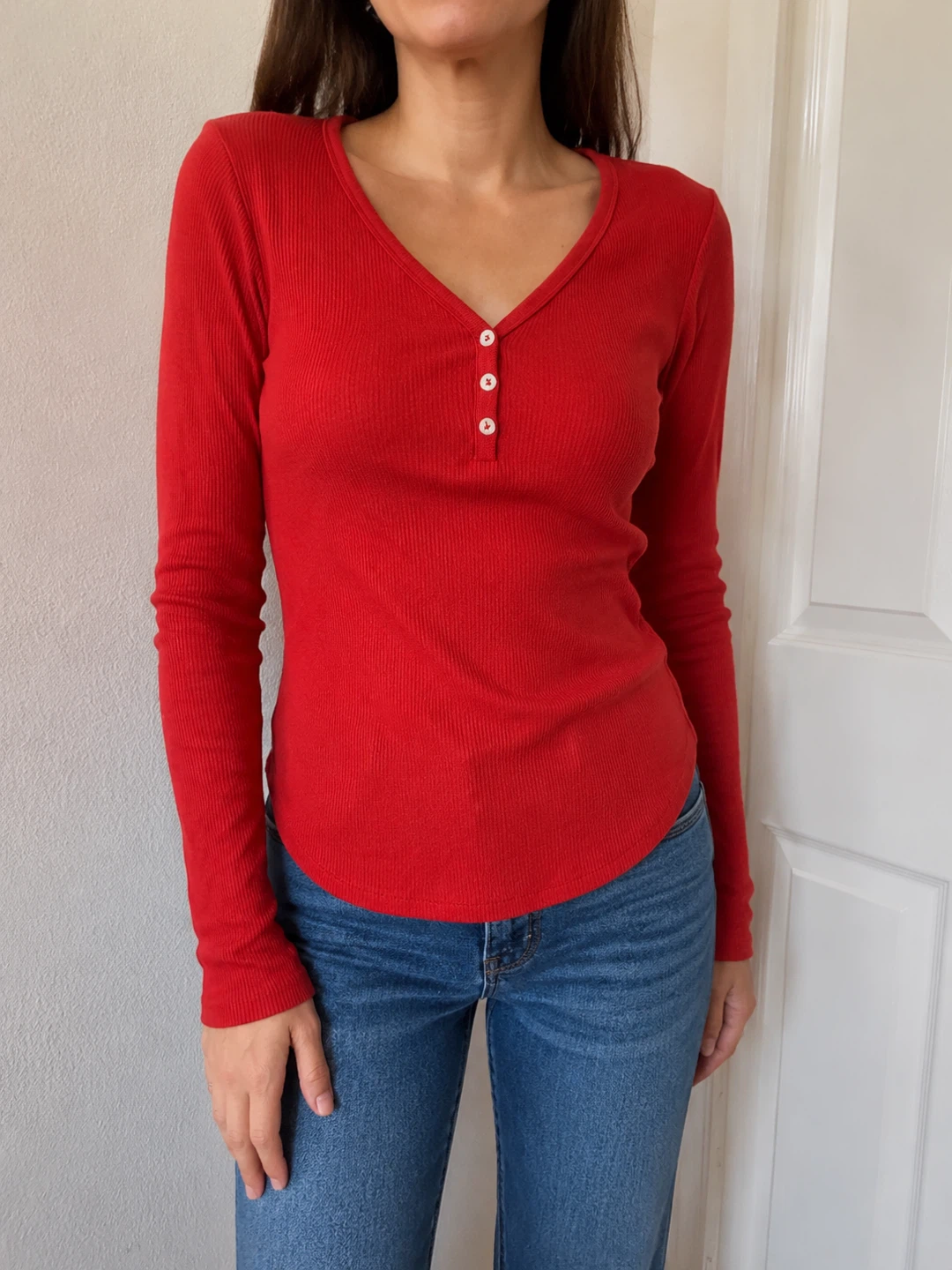 GAP Red Ribbed Henley Long Sleeve Top XS