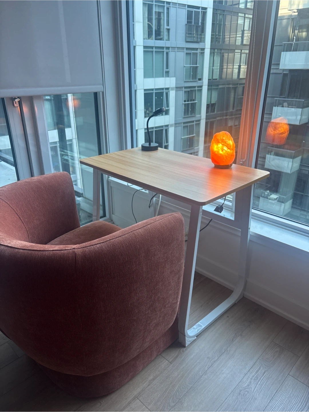 Compact side table with lamp and salt lamp