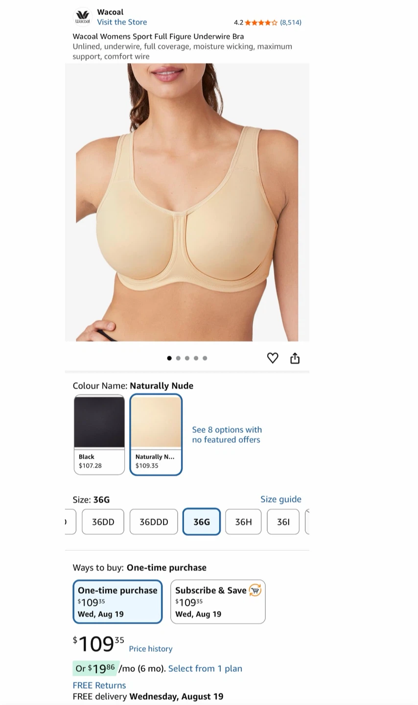 Wacoal Womens Sport Full Figure Underwire Bra 36G Naturally Nude