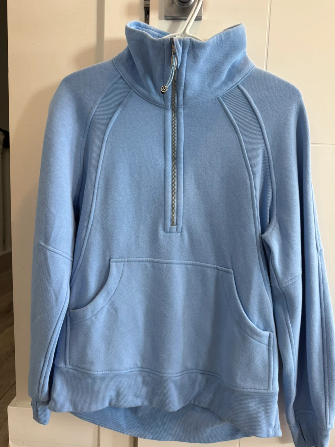 Lululemon light blue funnel-neck, half-zip style