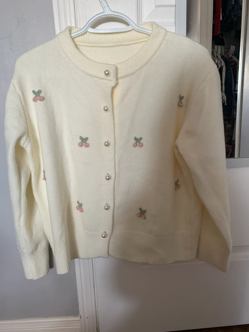 Cream Cherry Embroidered Cardigan