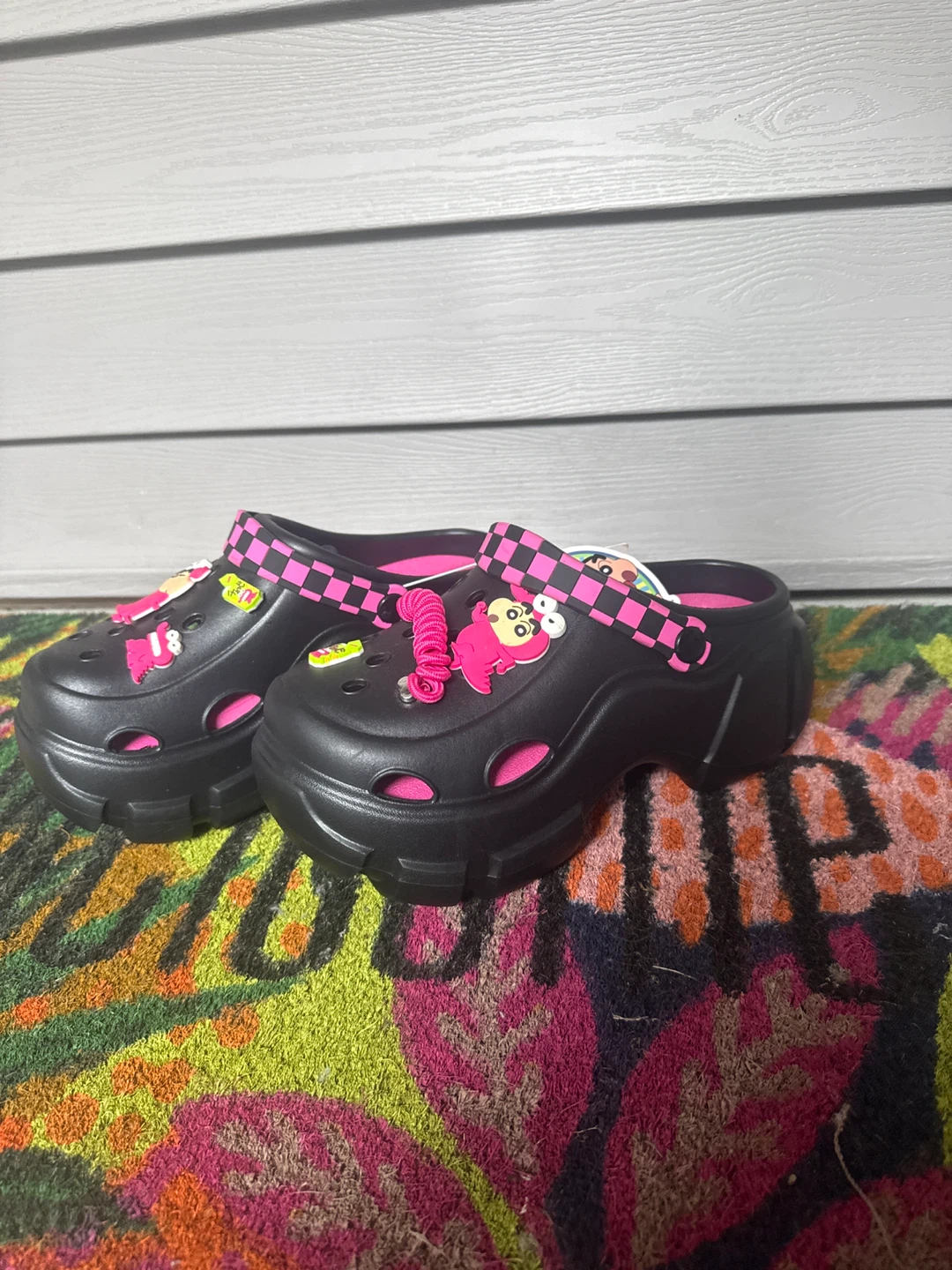 Black Platform Crocs with Pink Accents