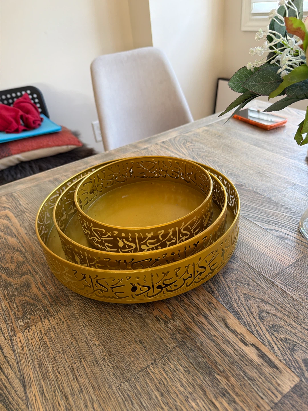 Set of 3 Gold Decorative Trays with Arabic Calligraphy