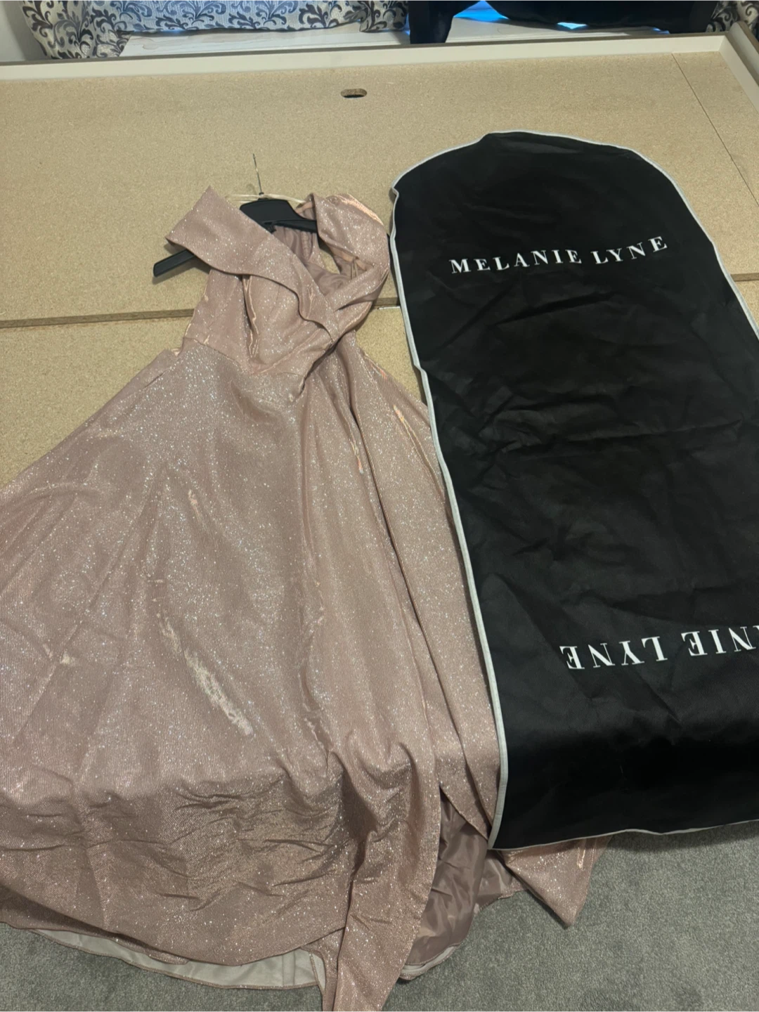 XSCAPE By Melanie Lyne Rose Gold Glitter formal Gown