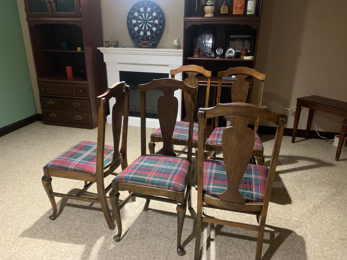 Set of 5 Wooden Dining Chairs with Plaid Upholstery - photo 2
