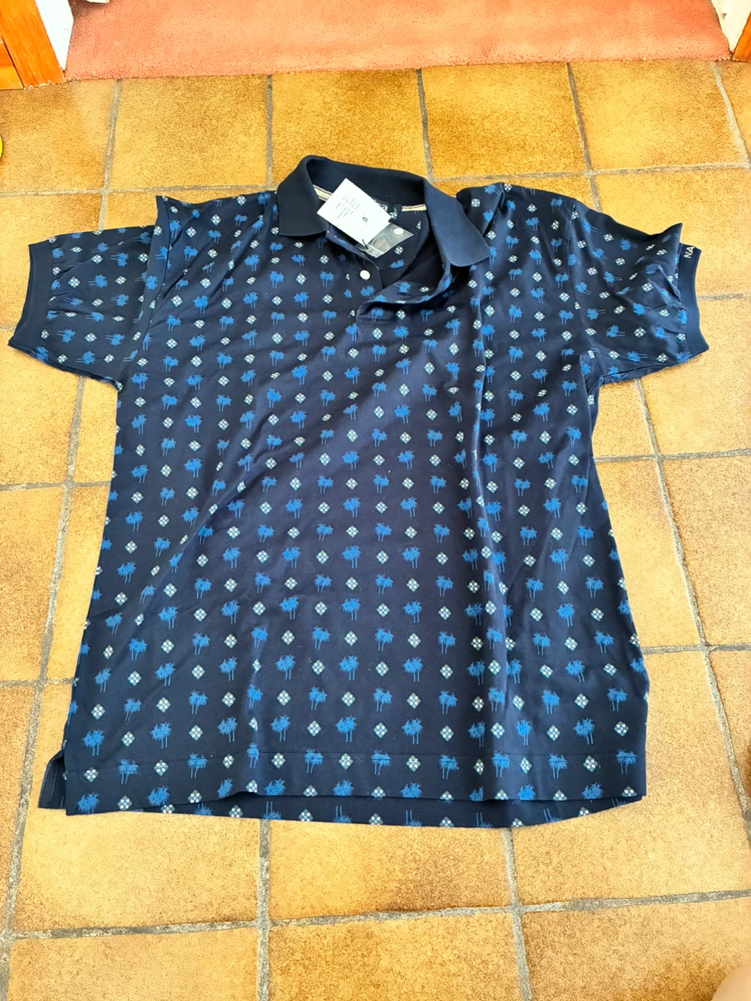 Nautica Men's Navy Palm Tree Print Polo Shirt Size L