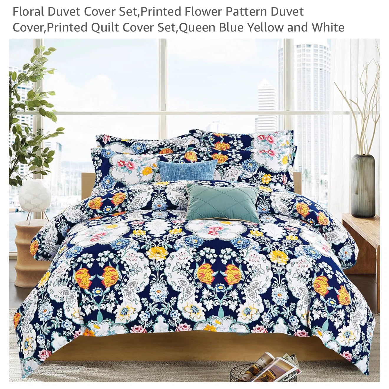 Queen Floral Duvet Cover Set - Blue, Yellow, White