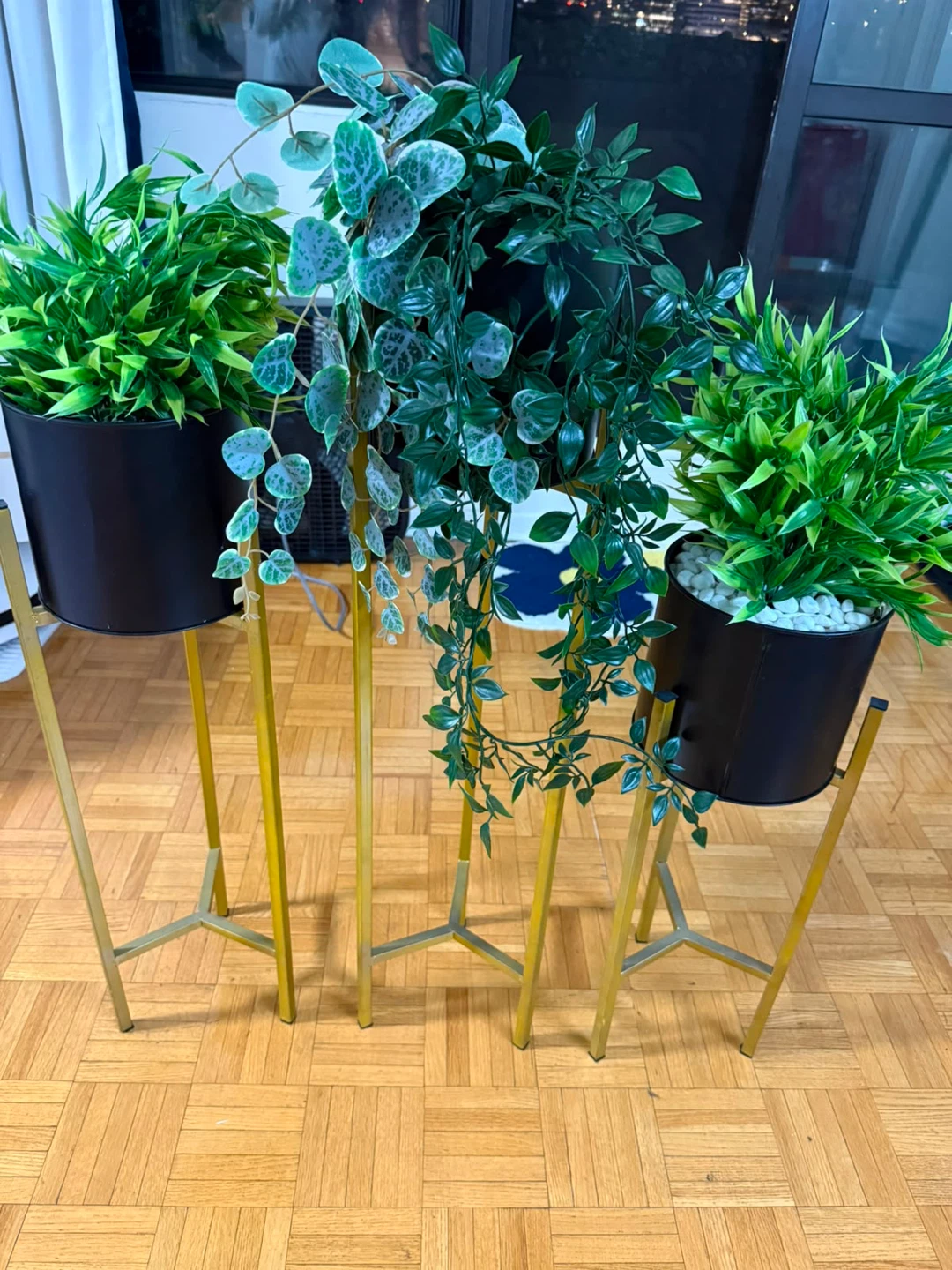 Set of 3 Artificial Plants with Gold Stands