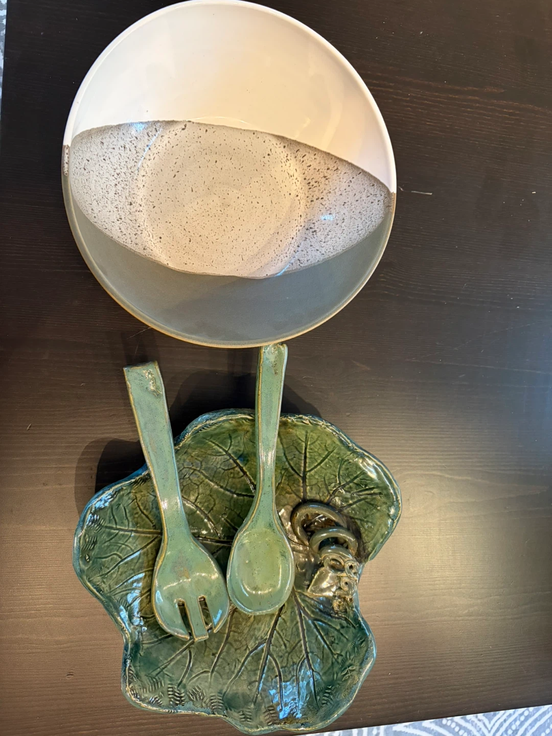 Ceramic Serving Bowl with Salad Tongs