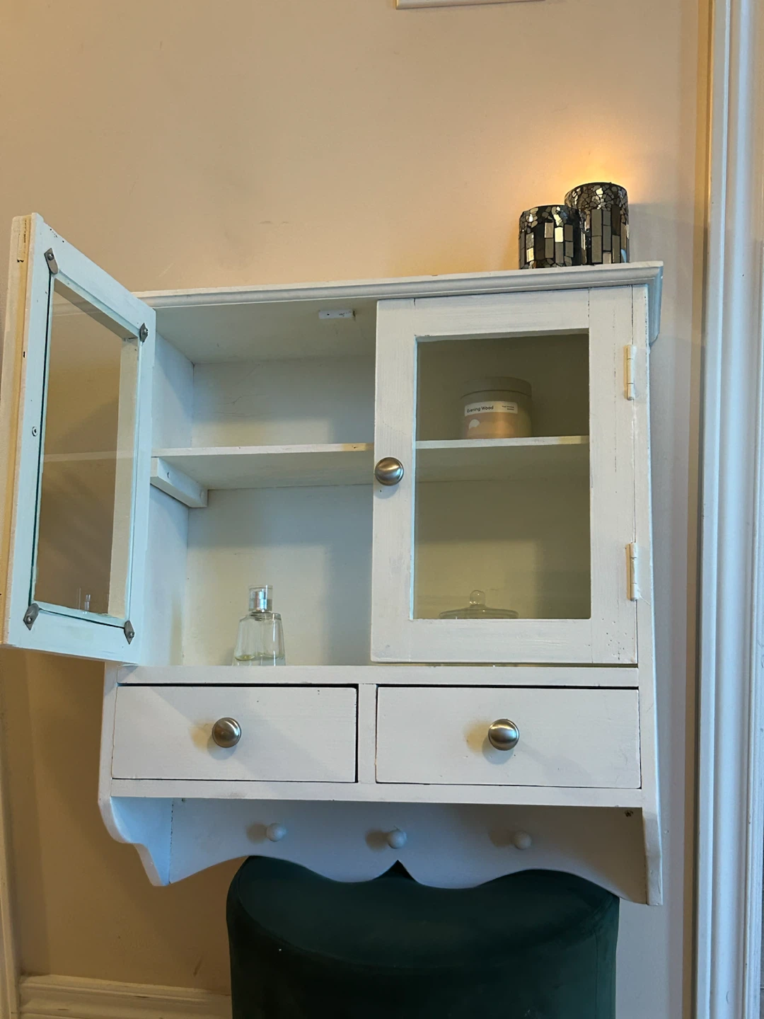 White Wall Cabinet with Glass Doors and Drawers