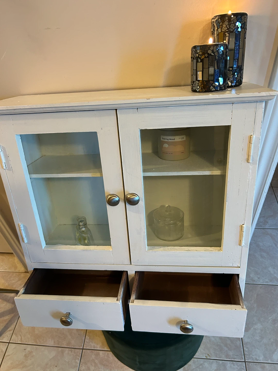 White Wall Cabinet with Glass Doors and Drawers - photo 2