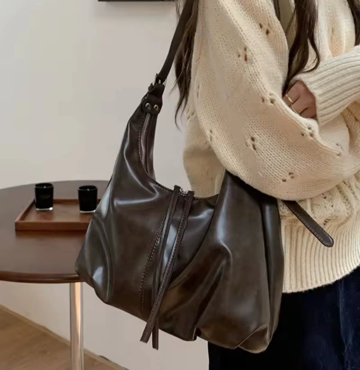 Brown Faux Leather Hobo Bag