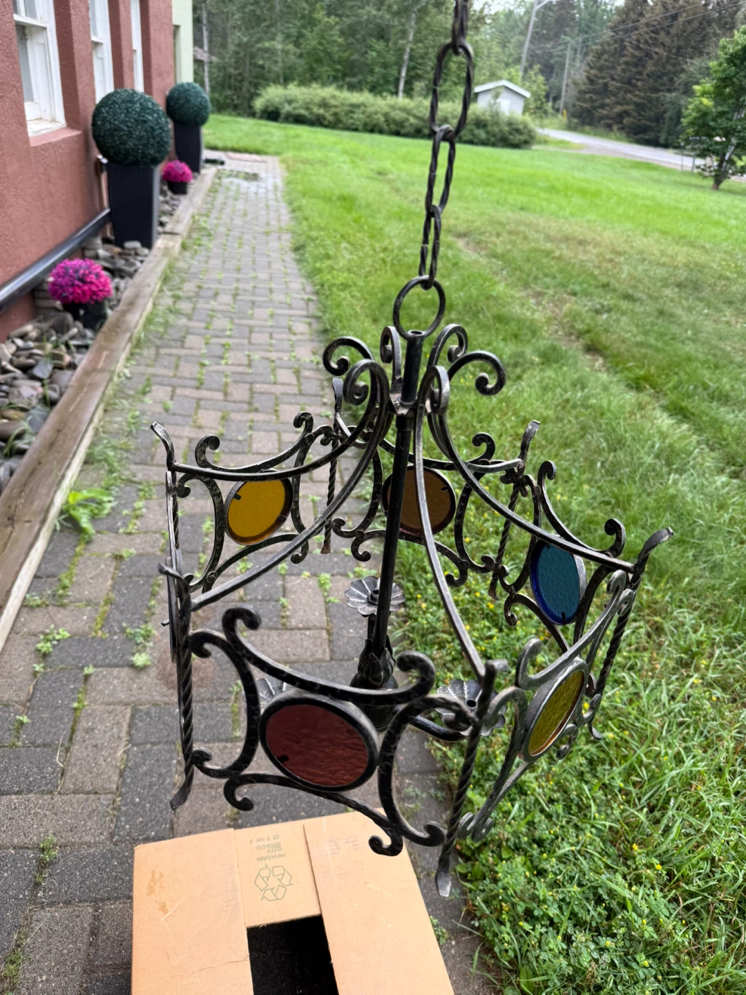 Vintage Wrought Iron Chandelier with Stained Glass Accents