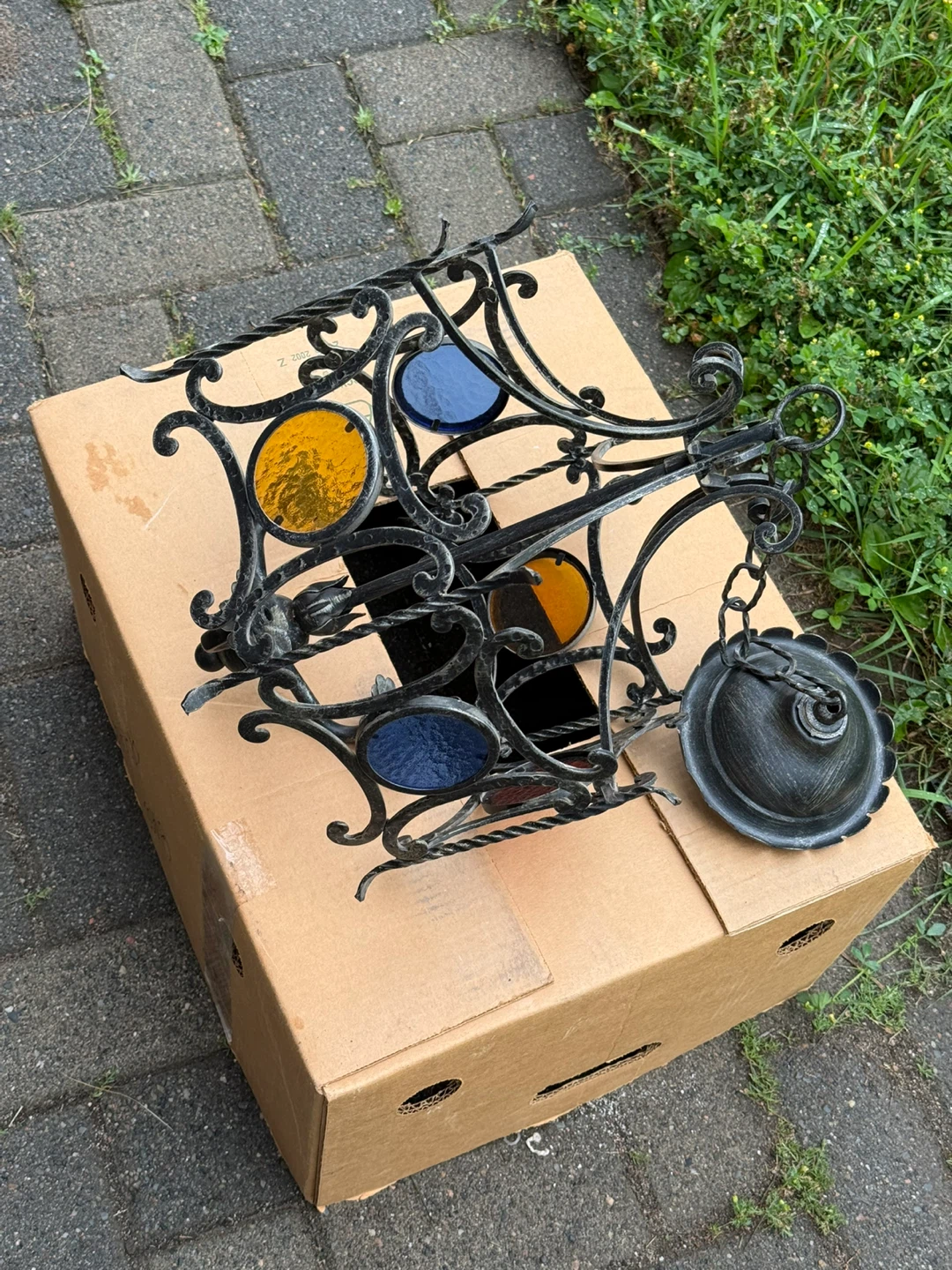 Vintage Wrought Iron Chandelier with Stained Glass Accents - photo 2