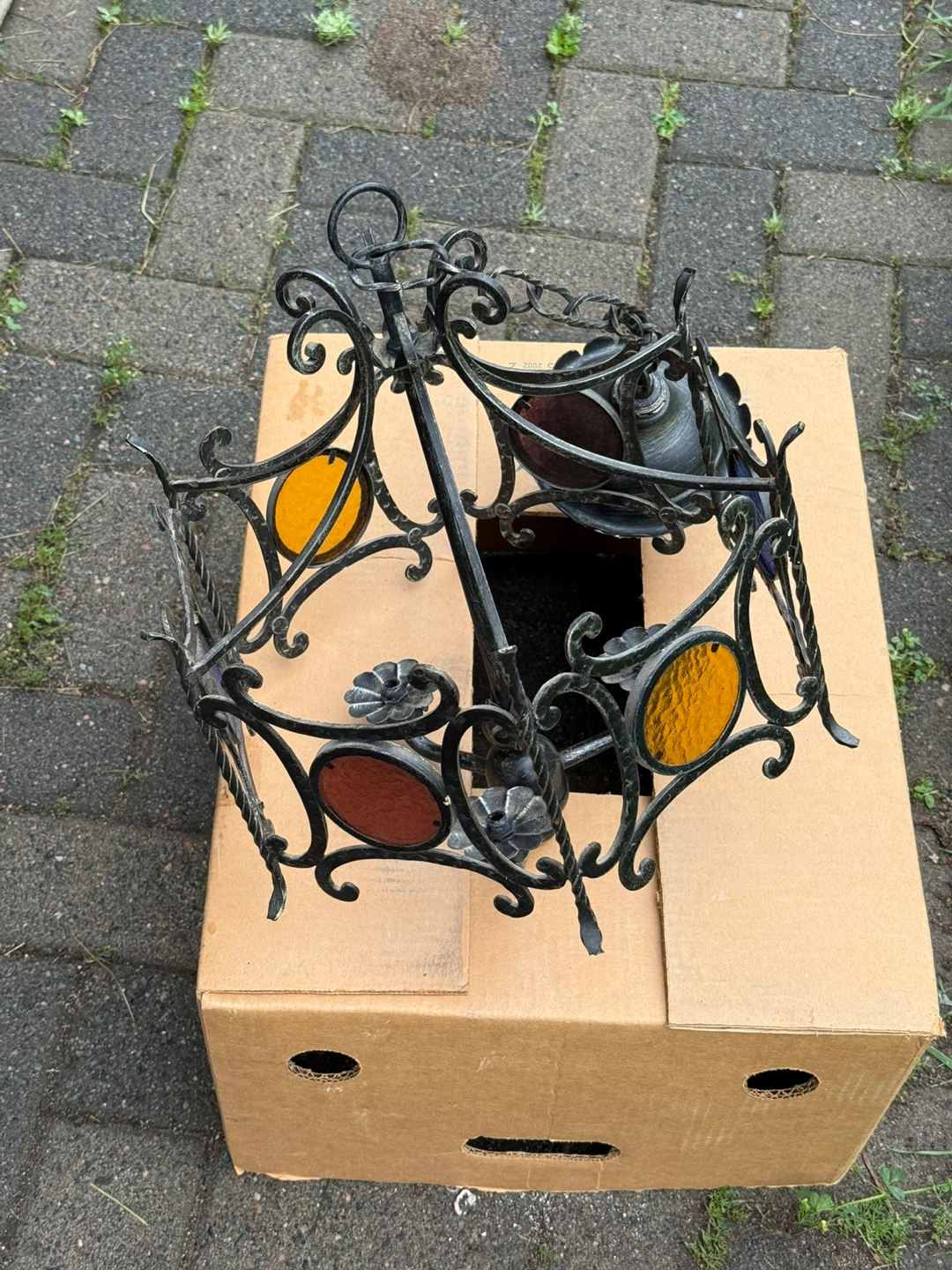 Vintage Wrought Iron Chandelier with Stained Glass Accents - photo 3