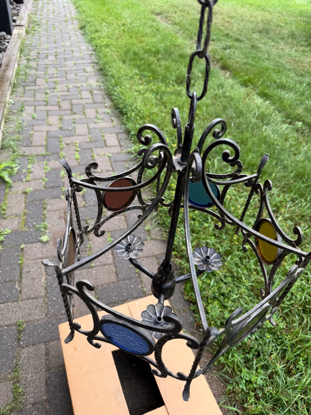 Vintage Wrought Iron Chandelier with Stained Glass Accents - photo 4