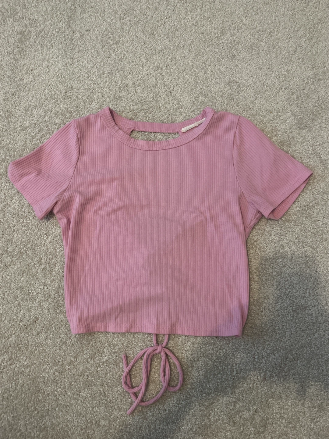 Pink Ribbed Lace-Up Back Crop Top S