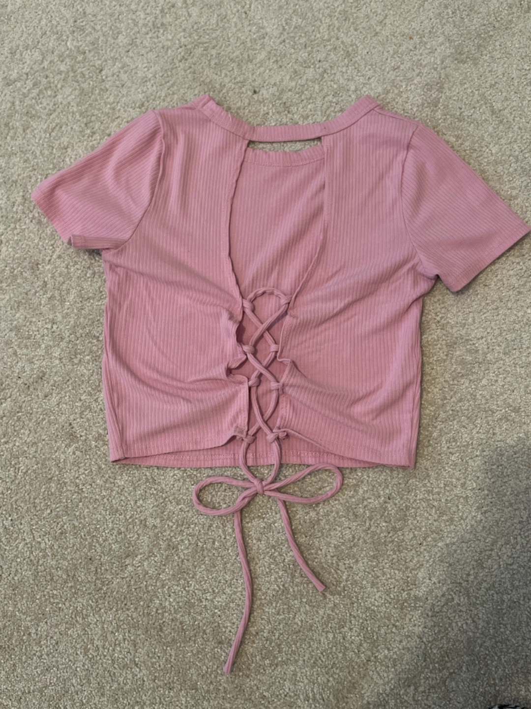 Pink Ribbed Lace-Up Back Crop Top S - photo 2