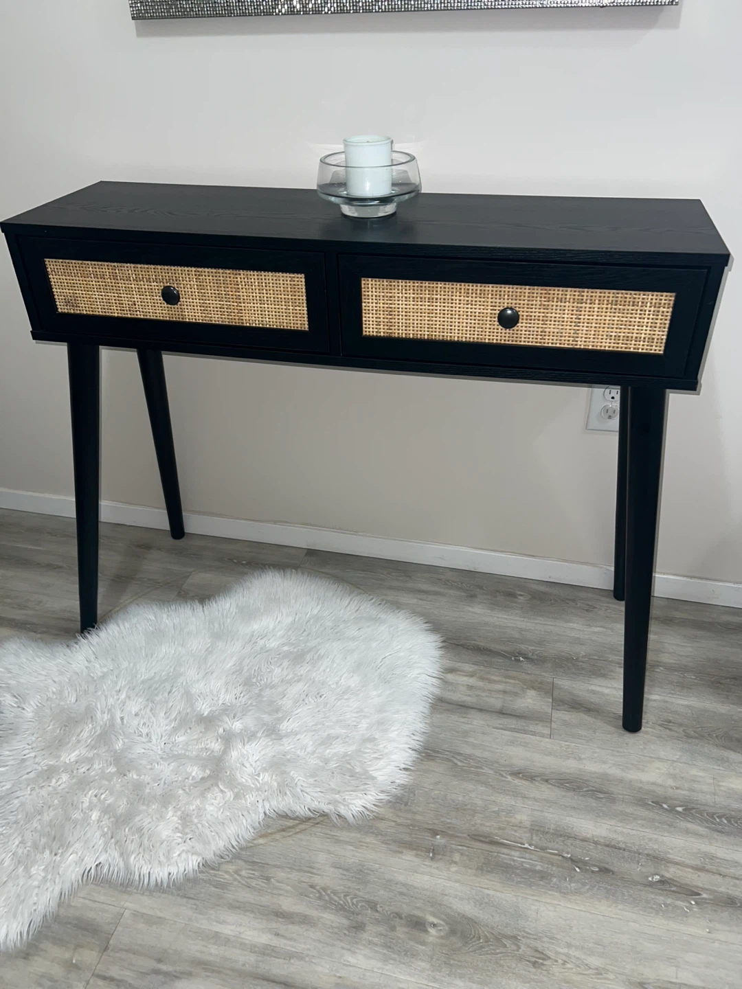 Black Console Table with Rattan Drawer Fronts