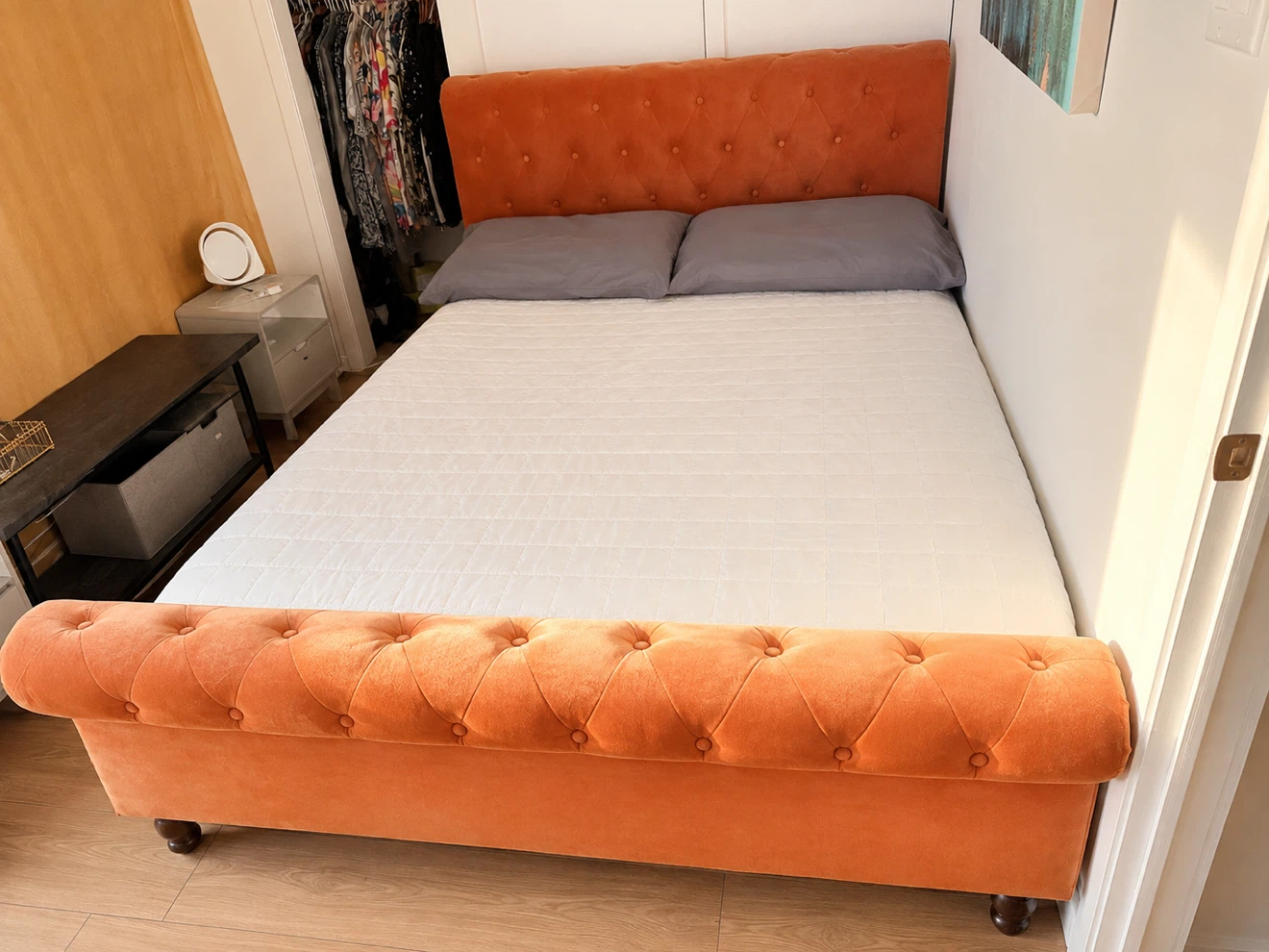 Orange Velvet Queen Size Tufted Bed Frame