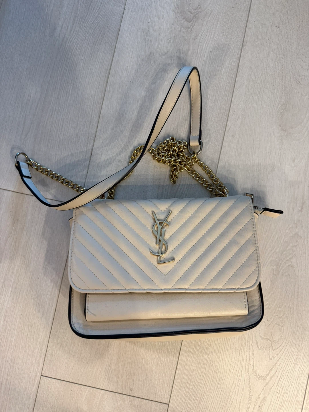Cream Quilted Shoulder Bag with Gold Chain