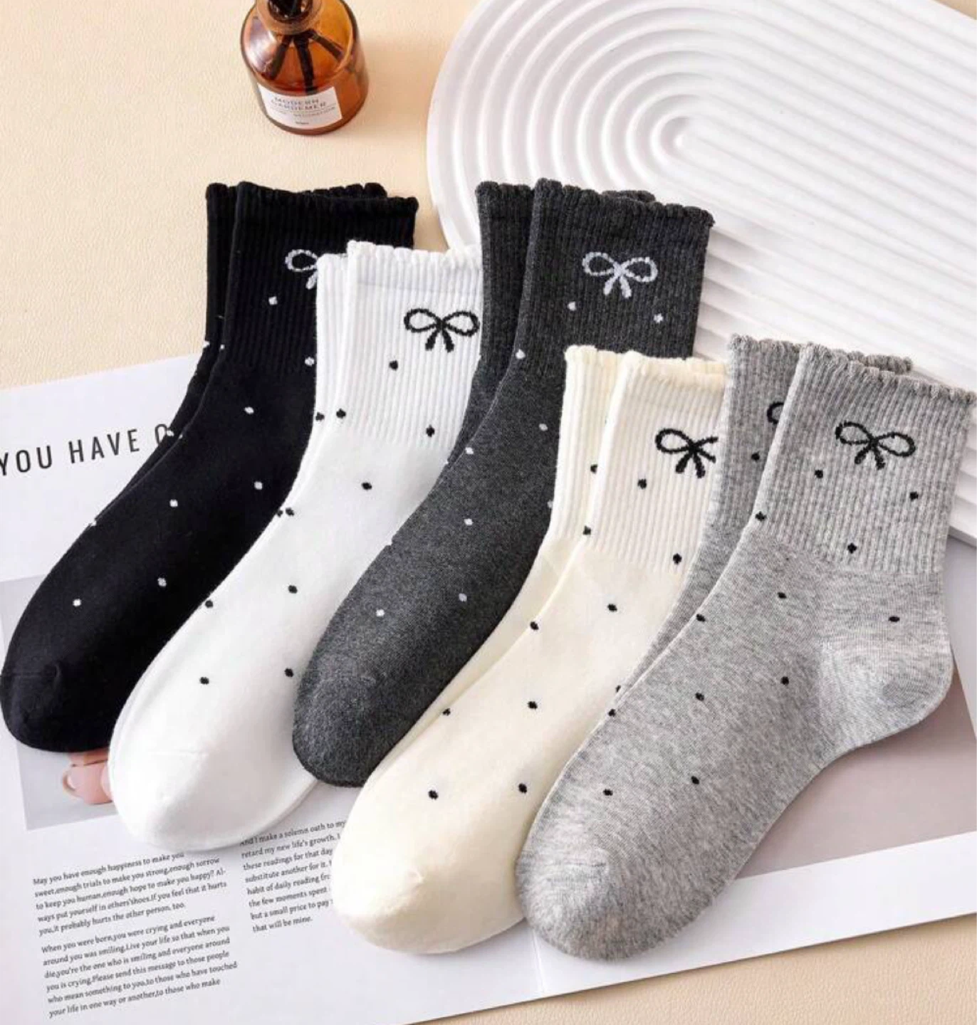 5 Pairs Polka Dot Crew Socks with Bow