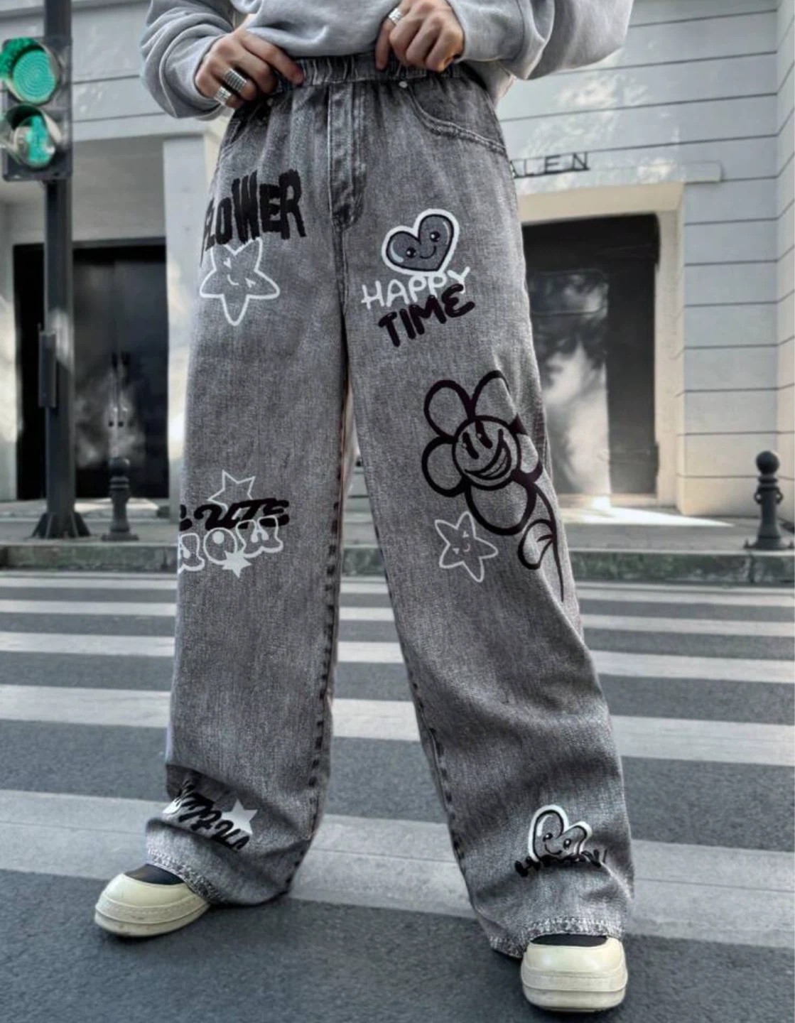 Grey Graffiti Print Wide-Leg Jeans
