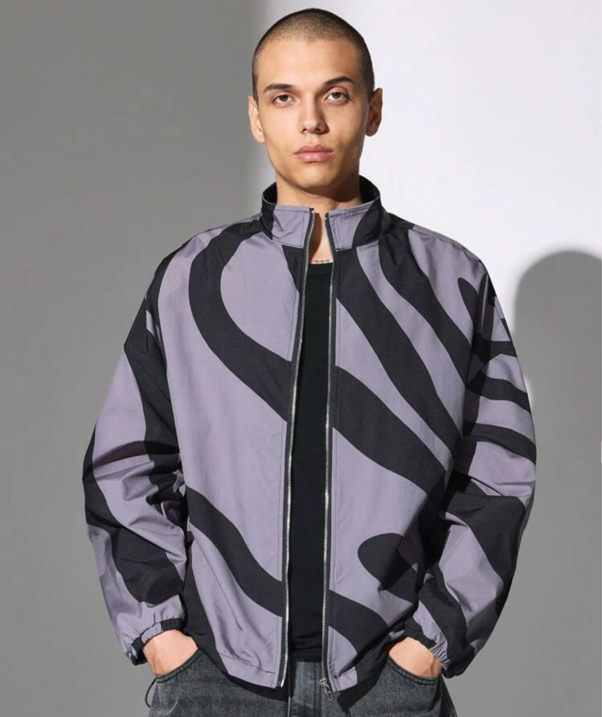 Men's Grey and Black Striped Track Jacket
