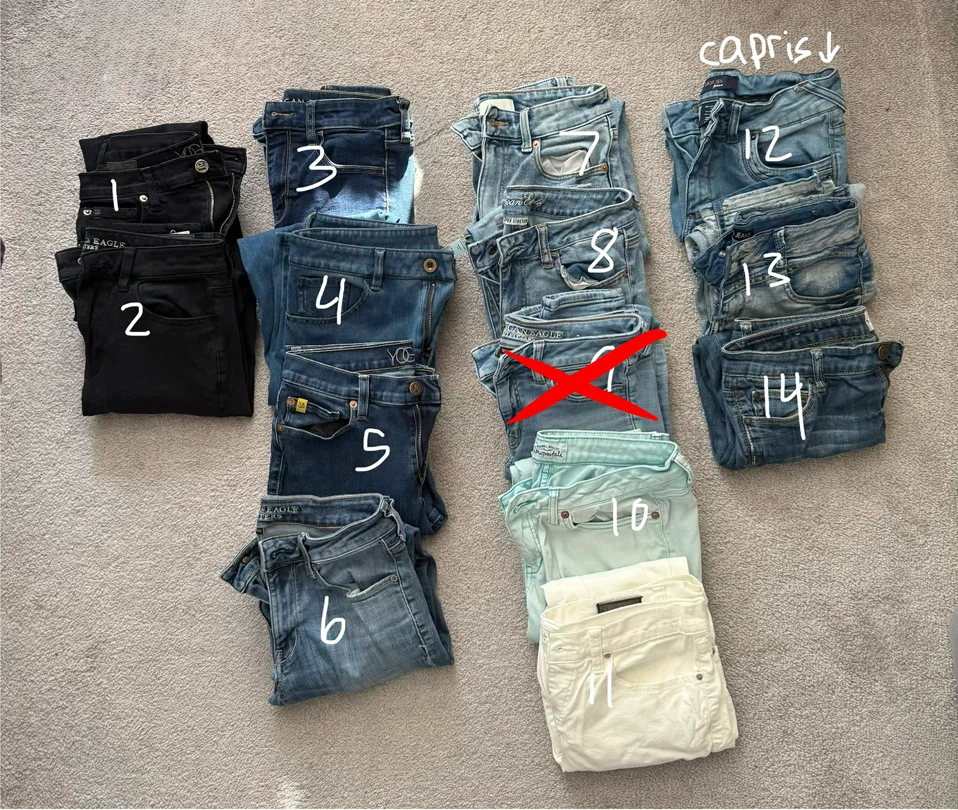 Jeans and Capris. Women’s, small, various brands