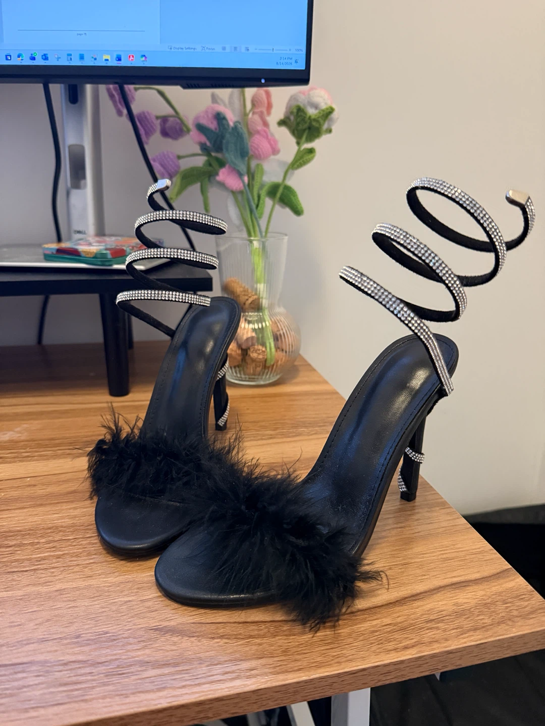 Black Feather & Rhinestone Spiral Heels - US 8