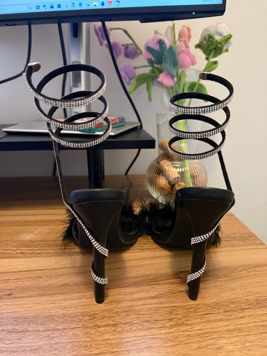 Black Feather & Rhinestone Spiral Heels - US 8 - photo 2