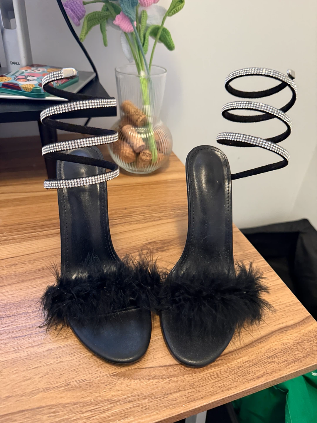 Black Feather & Rhinestone Spiral Heels - US 8 - photo 3