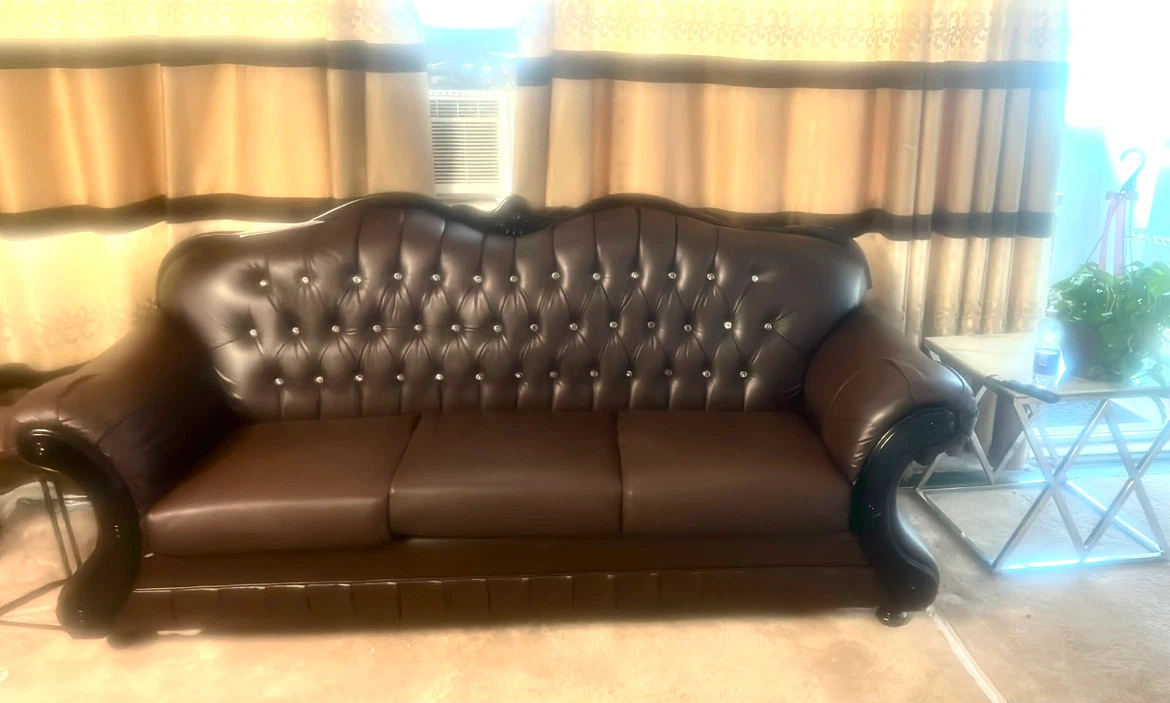 Brown Tufted 3-Seater Sofa with Crystal Accents - photo 3