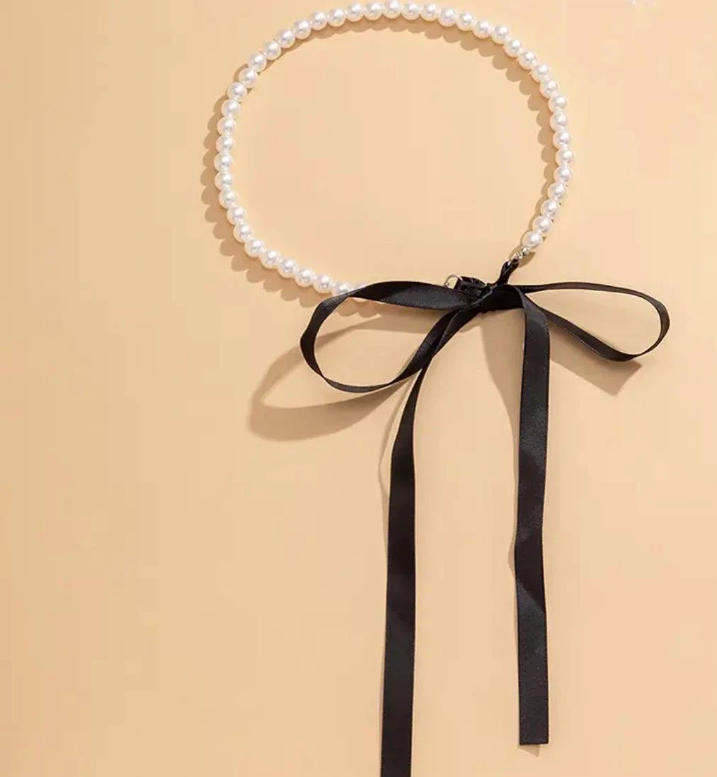 Pearl Choker Necklace with Black Ribbon Tie - photo 4