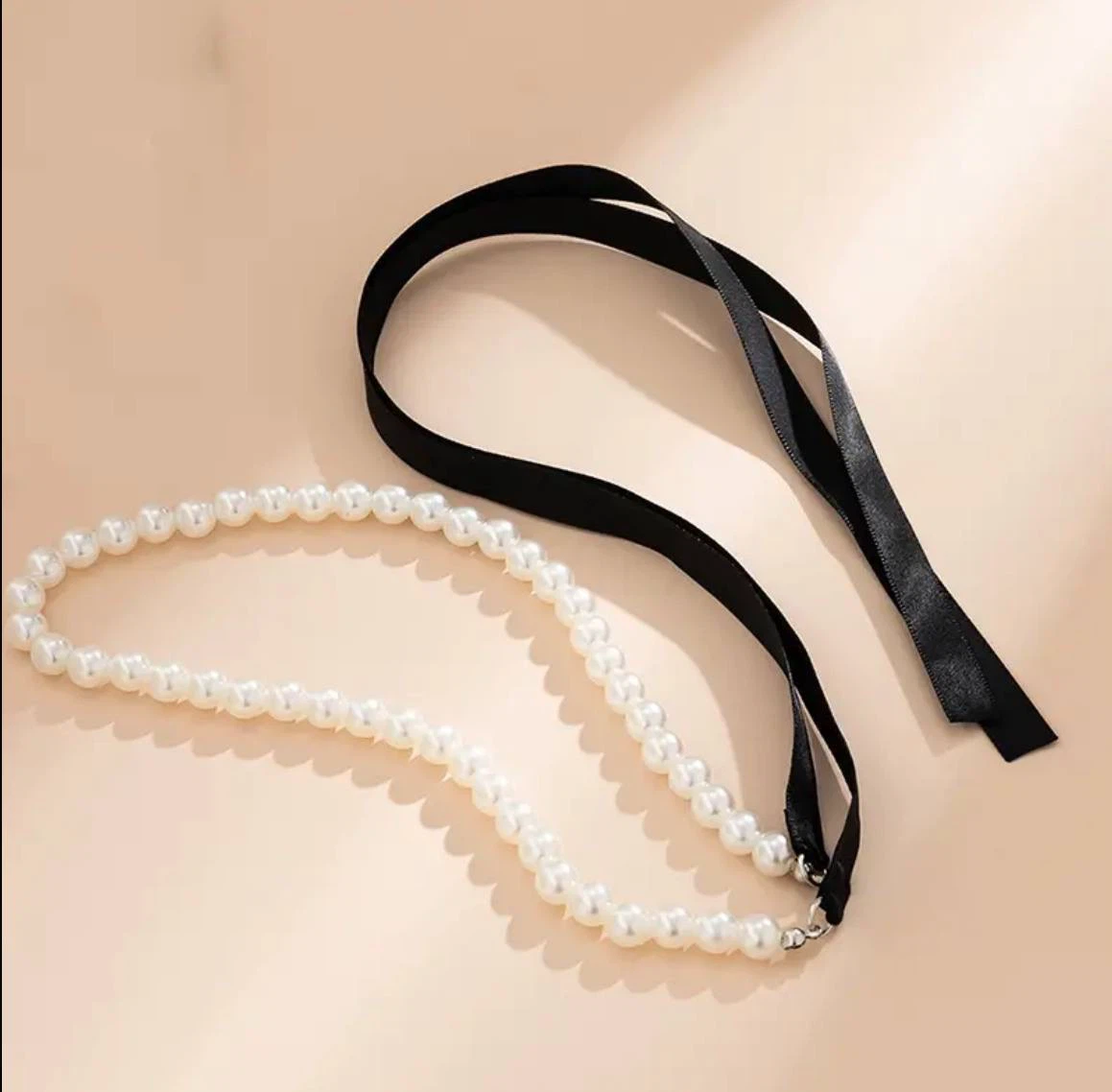 Pearl Choker Necklace with Black Ribbon Tie - photo 5