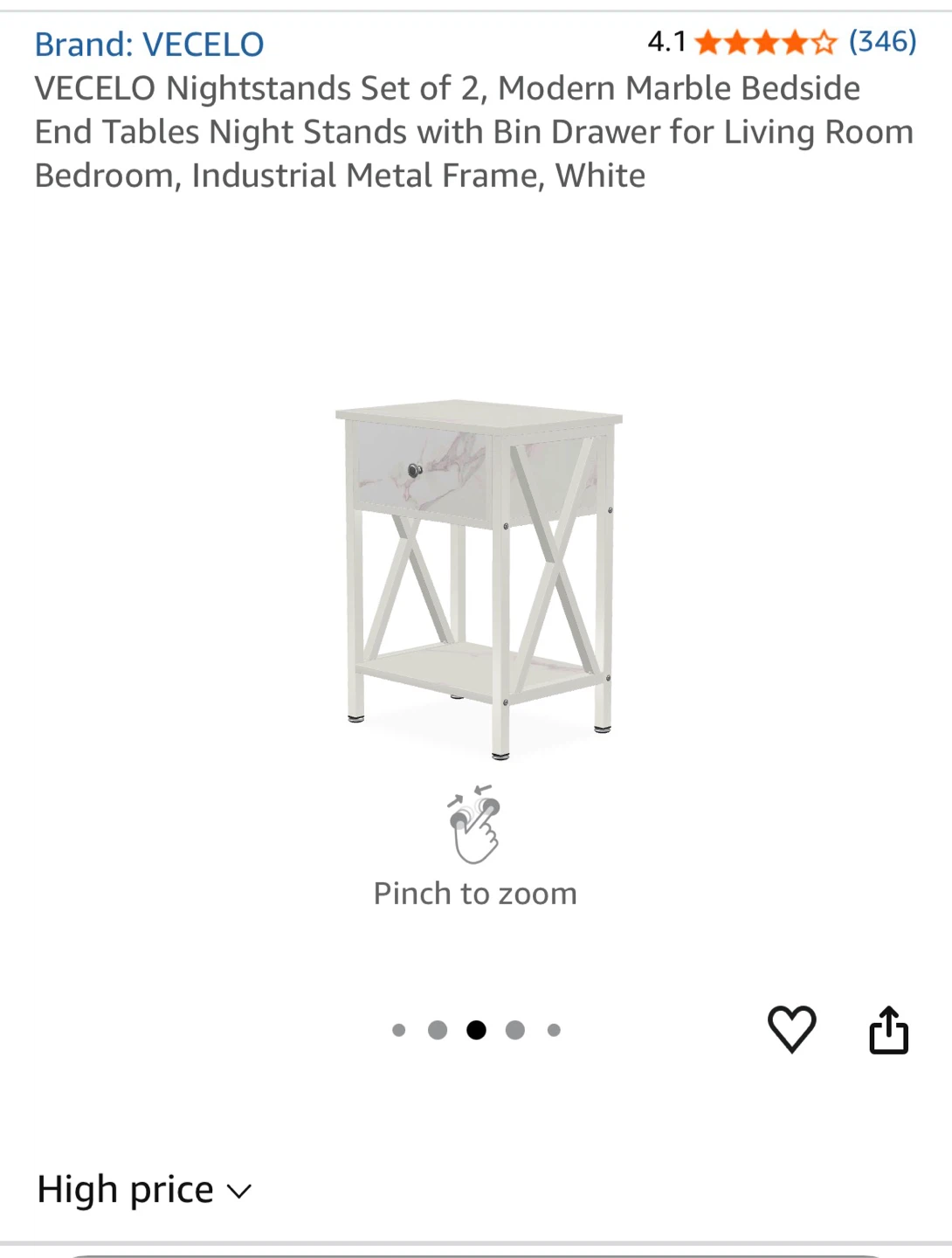 Set of 2 Modern Marble Bedside End Table Night Stand with Drawer