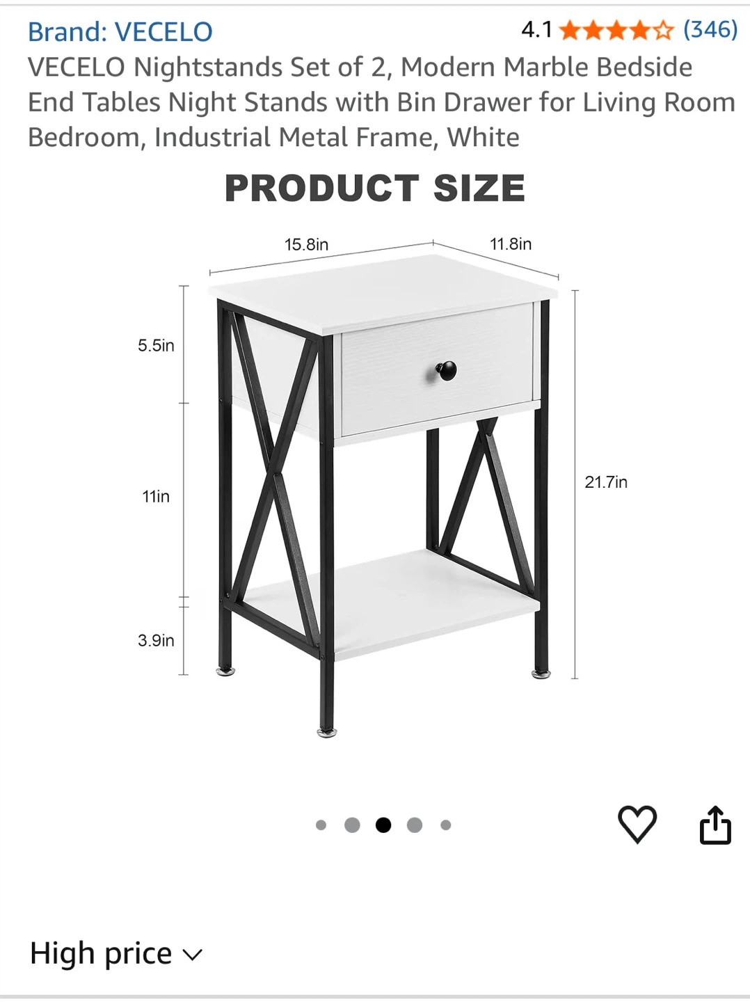 Set of 2 Modern Marble Bedside End Table Night Stand with Drawer - photo 2