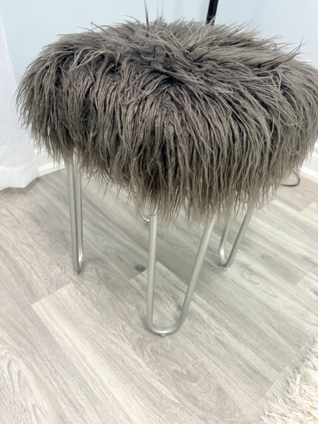 Grey Faux Fur Stool with Metal Legs