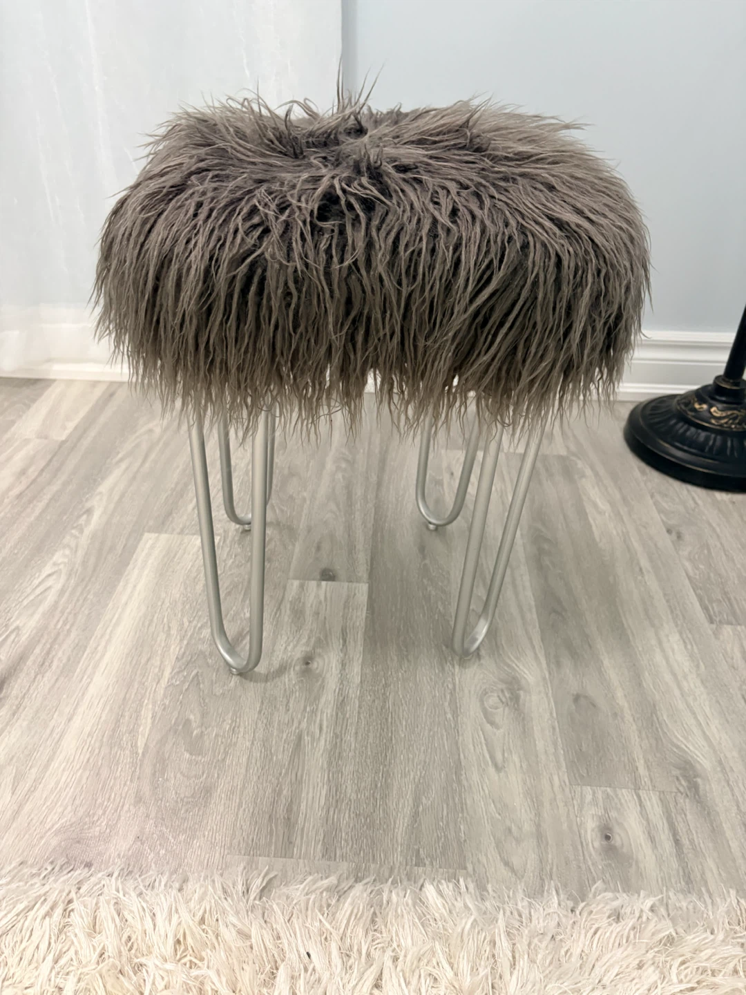 Grey Faux Fur Stool with Metal Legs - photo 2