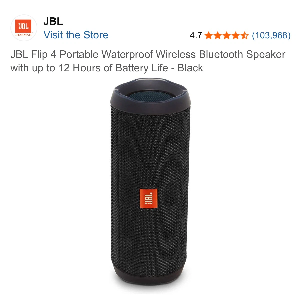 JBL Flip 4 Portable Wireless Bluetooth Speaker - Black