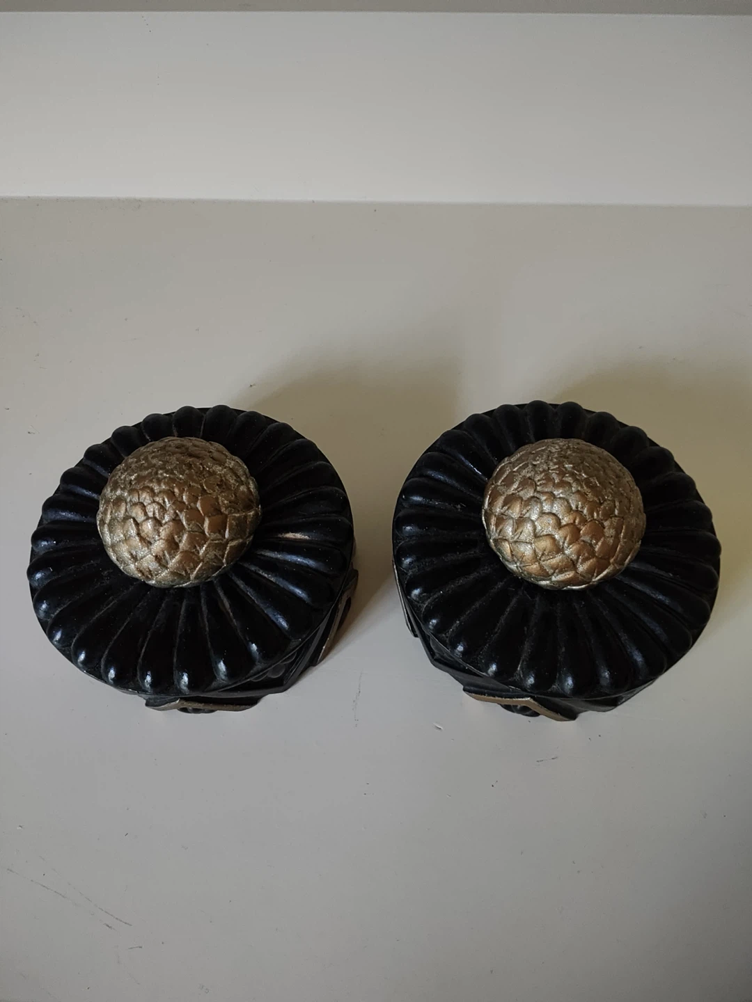 Pair of Black Decorative Boxes with Gold Tops