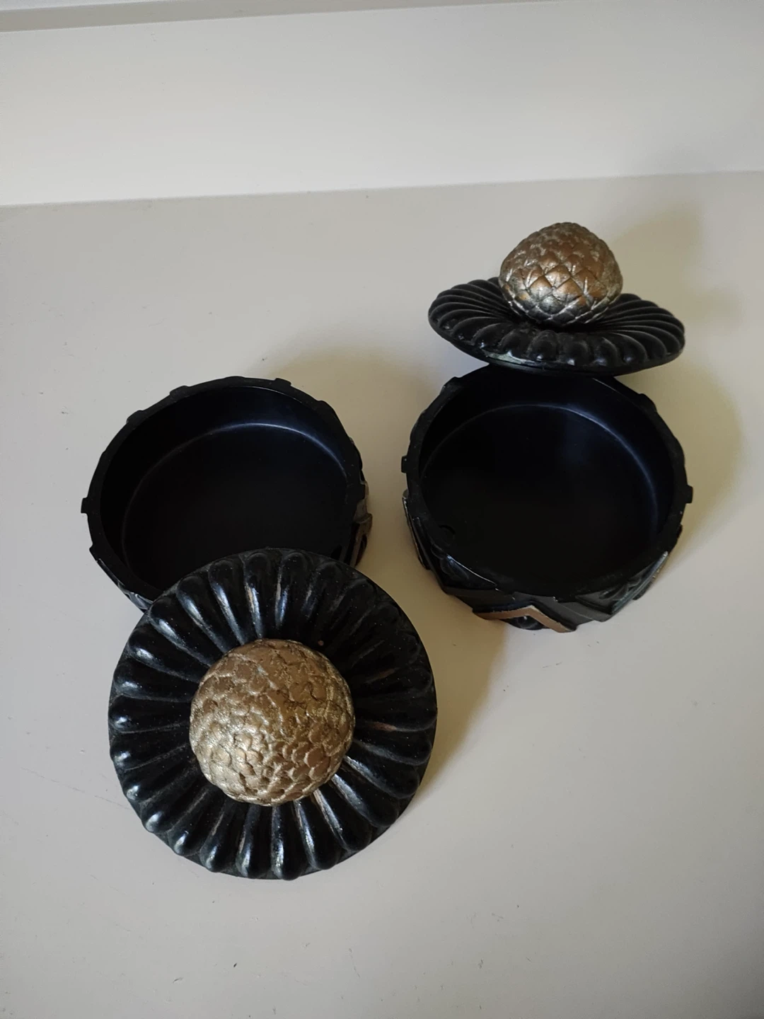 Pair of Black Decorative Boxes with Gold Tops - photo 2